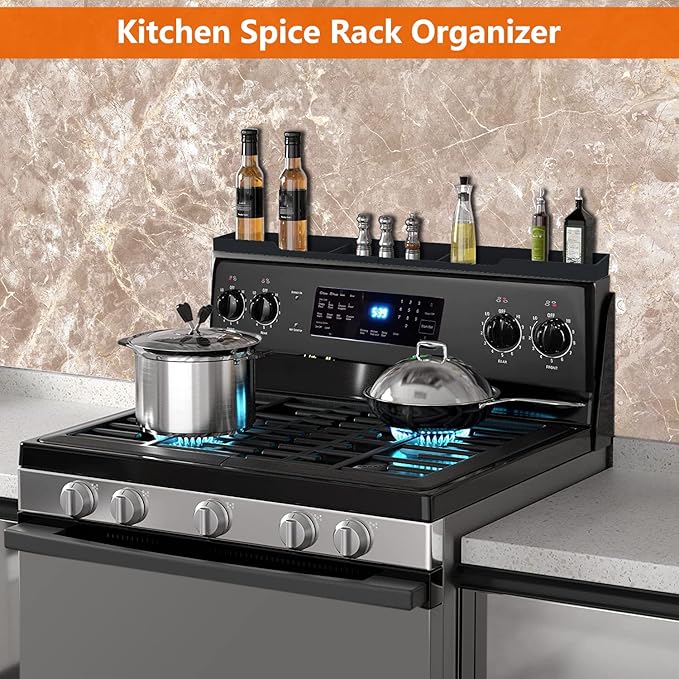 AWOKE Stove Top Shelf 30 Inch - Silicone Material Magnetic Shelf for Stove - 3 Functional Partitions Kitchen Spice Rack Organizer-Black,Kitchen Gadgets Storage Organization