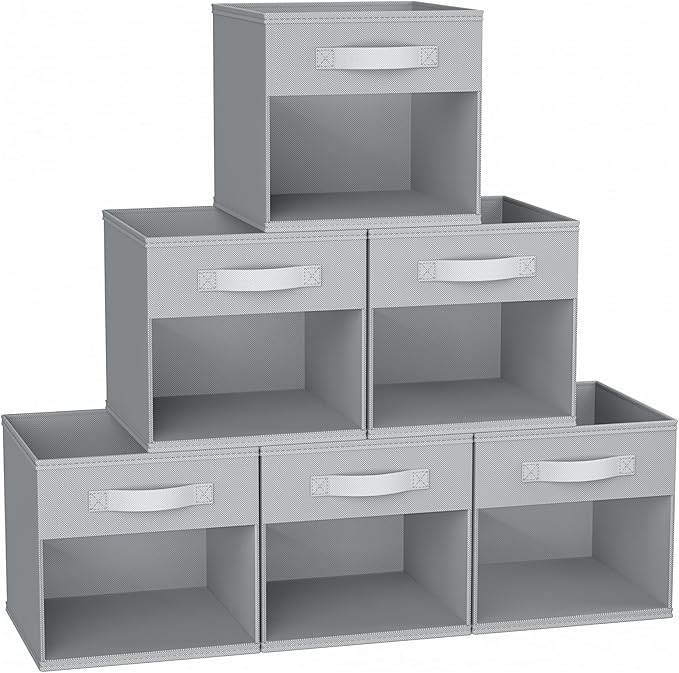 DIMJ 12.2 Inch Storage Cubes, 6 Pack Cube Storage Bins with Window, Fabric Storage Bins with Handle, Foldable Storage Cubes, Storage Box for Clothes, Toys, Books (Grey)