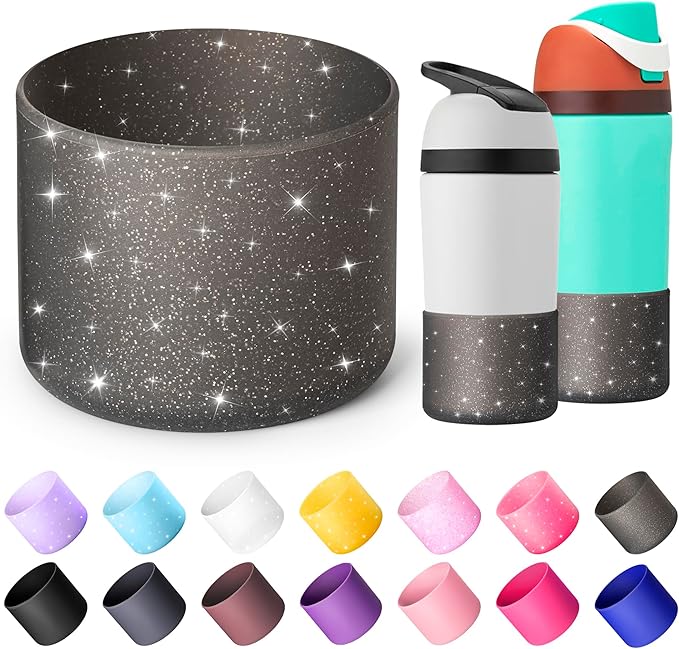 Silicone Water Bottle Boot for Owala 14/16oz, Anti-Slip Protective Sleeve Bottom Bumper Protector for Owala Kids 12 oz Tumbler, Flip 14 oz and FreeSip 16 oz Water Bottle (Glitter Black)