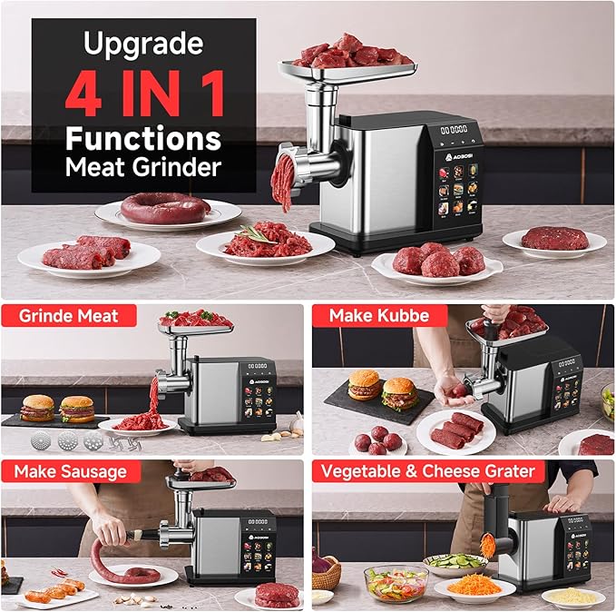 AAOBOSI Multifunctional Digital Meat Grinder Electric 3000W Max w/ 9 Touch Screen Presets, Auto-Reverse & Built-in Storage -Grinding, Sausage & Kibbe & Grate Cheese Making for Home Use