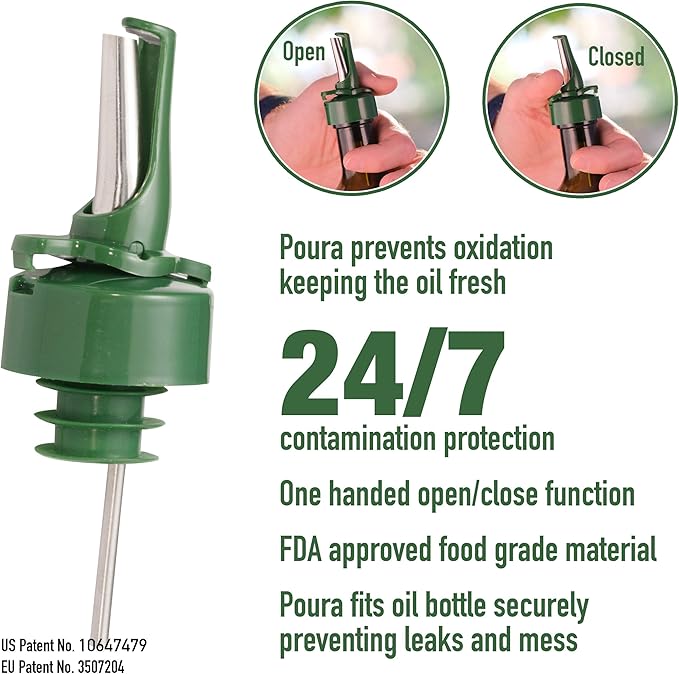 Poura Glass Olive Oil Bottle Drizzler with Pourer Spout - BPA Free Hygienic Open and Close Pourer Prevents Oxidation Keeping Olive Oil Fresh - Includes Funnel for No Mess Or Wastage