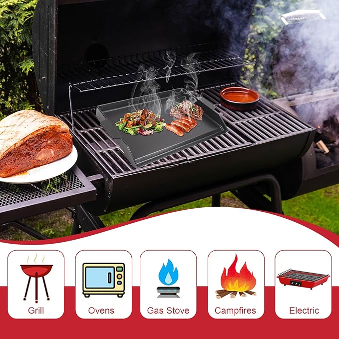 Universal Cast Iron Cooking Griddle for Gas Grill, 18.6" x 14" Nonstick Coating Griddle Flat Top Plate for Charcoal Grill, Stove Oven, Electric with Knife and Spatula Set