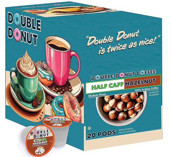 Double Donut Coffee Hazelnut Half Caff Coffee Pods, Single Serve Flavored Half Caffeine Coffee Pods For Keurig K Cup Brewers, Medium Roast, 20 Count
