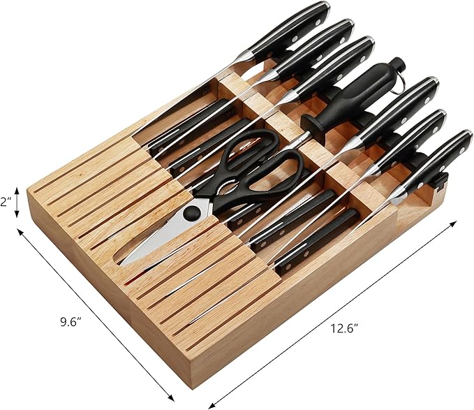 Knife Set with Block, N NOBLE FAMILY 16Pcs Kitchen Knives Drawer Organizer Set with Sharpener, Cutting Board, Anti-Slip Chef Knives Set with 6Pcs Steak Knives, Black