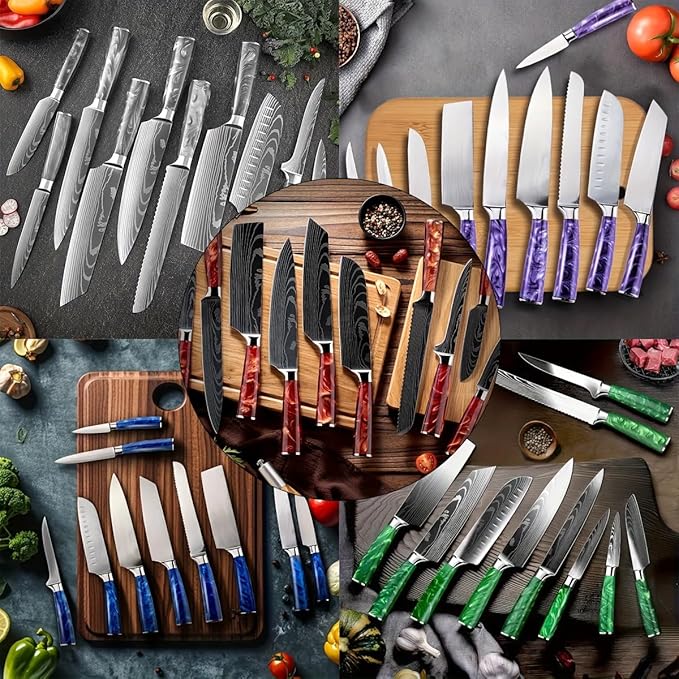 8-Piece Premium Japanese Kitchen Knife Set - Imperial Collection, Laser Damascus Pattern, 440A Stainless Steel Ultra Sharp for Fast Cutting (Red 8J)