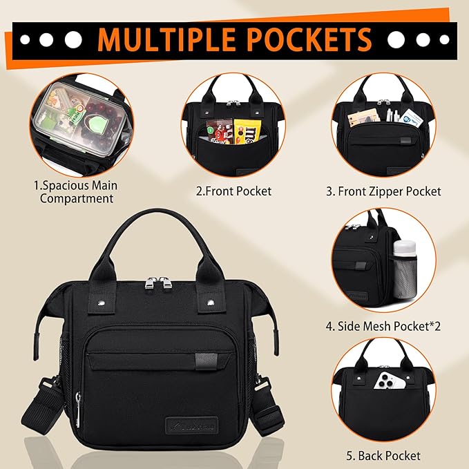 TuErCao Small Lunch Bag Lightweight Insulated Lunch Box for Women Work Portable Soft Cooler for Picnic Travel Road Trips, Loncheras para Mujer, Black