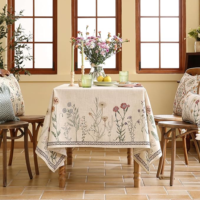 ISAENNE Designer Off White Linen Small Rectangle Tablecloth,Floral Elegant Table Cloth,Stain Resistant Vintage Decor Tablecloths for Dining Thanksgiving Kitchen Christmas,55"*71"-Serenity G