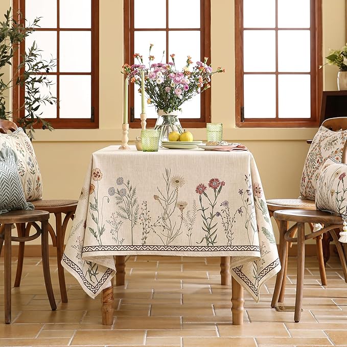 ISAENNE Designer Off White Linen Rectangular Tablecloth,Floral Elegant Table Cloth,Stain Resistant Vintage Decor Tablecloths for Dining Thanksgiving Kitchen Christmas,55"*87"-Serenity G