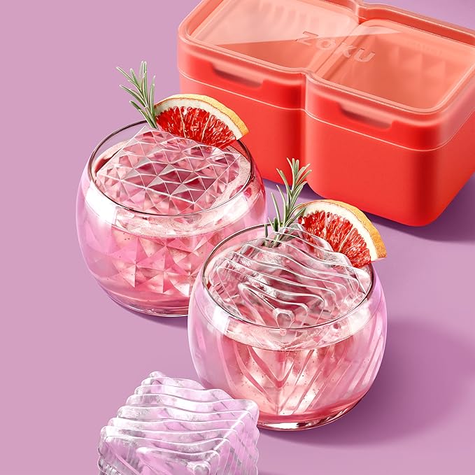 ZOKU Set of 2 Silicone Ice Molds, Luxe, Large Wavy & Faceted Cube Forms for Craft Cocktails, Keeps Drinks Colder Longer with Less Dilution, Easy-Release, BPA-Free