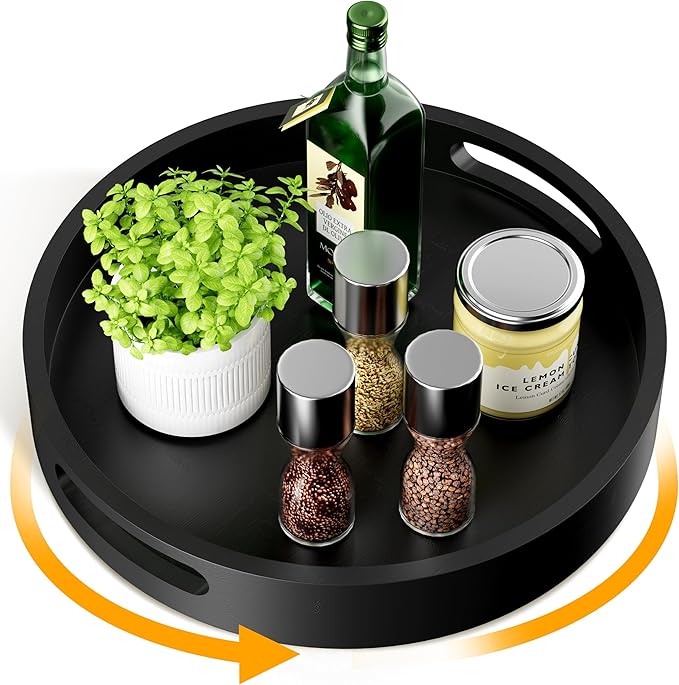 Lazy Susan Organizer Homerays 12 Inch Non-Skid Bamboo Lazy Susan for Kitchen Rotating Spice Rack with Handles, Wood Turntable for Kitchen Cabinet,Countertop (Black, Medium)