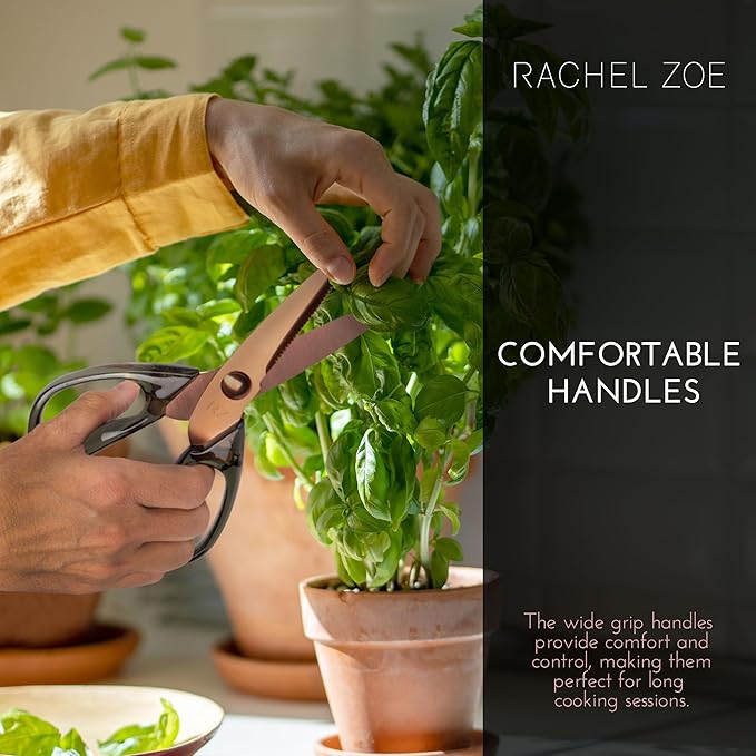 Rachel Zoe Multi-Purpose Kitchen Scissors, Stainless Steel Shears with Protective Sheath & Soft Handle Grips, Dishwasher Safe, Vegetables, Fruits & Meat Cutting Scissors, Essentials (Green/Copper)