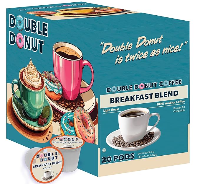 Double Donut Coffee Breakfast Blend Fresh Medium Roast Coffee SingleServe Pods for Keurig K Cup Brewer Machines 20 Capsules per Box