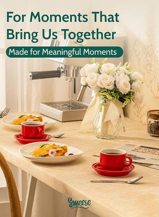 Sweese 8 Ounce Porcelain Stackable Cappuccino Cups with Saucers and Metal Stand - for Specialty Coffee Drinks, Cappuccino, Latte, Americano and Tea - Set of 4, Red
