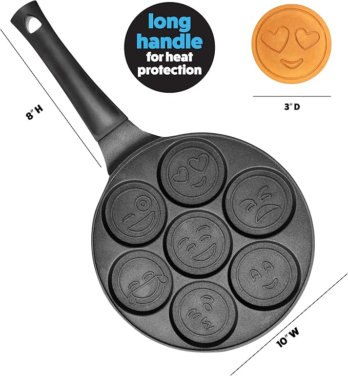 Emoji Mini Pancake Pan- 7 Unique Flapjack Smiley Faces for Kids, Nonstick Pan Cake Maker Stovetop Griddle for Easy Cleanup, Long Handle for Easy Holding, Breakfast Gift- Officially Licensed by Emoji