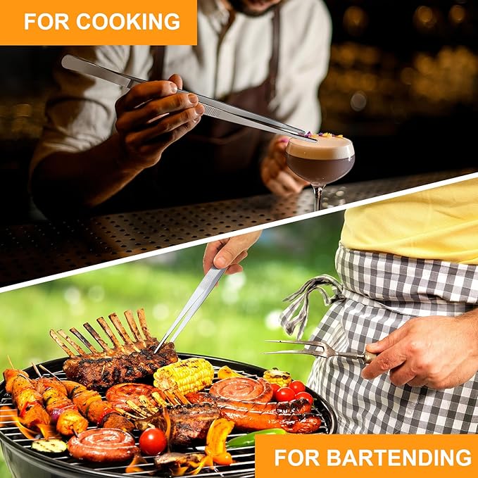 Yaomiao 4 Packs 12 Inch 10 Inch Bar Tweezers Silver Cocktail Tongs Long Garnish Tweezers Stainless Steel Bartender Kitchen Cooking Tongs for Cocktail Food Fruit Korean BBQ Bartender Chef, Multi-use