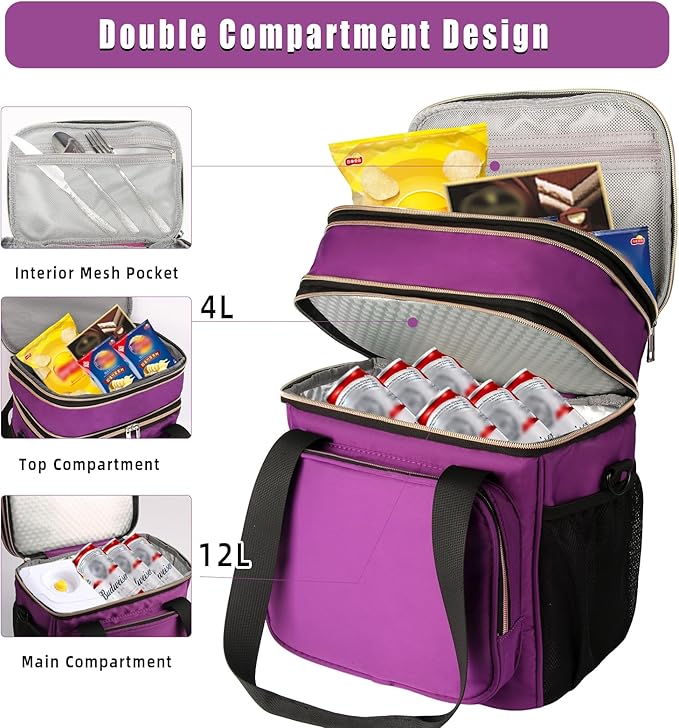 GLENKEY Expandable Insulated Lunch Box, Double Deck Lightweight Large Lunch Bag Tote Leakproof Cooler Bags for Women Adults Work Outdoor Picnic Daytrip, Purple, 16L