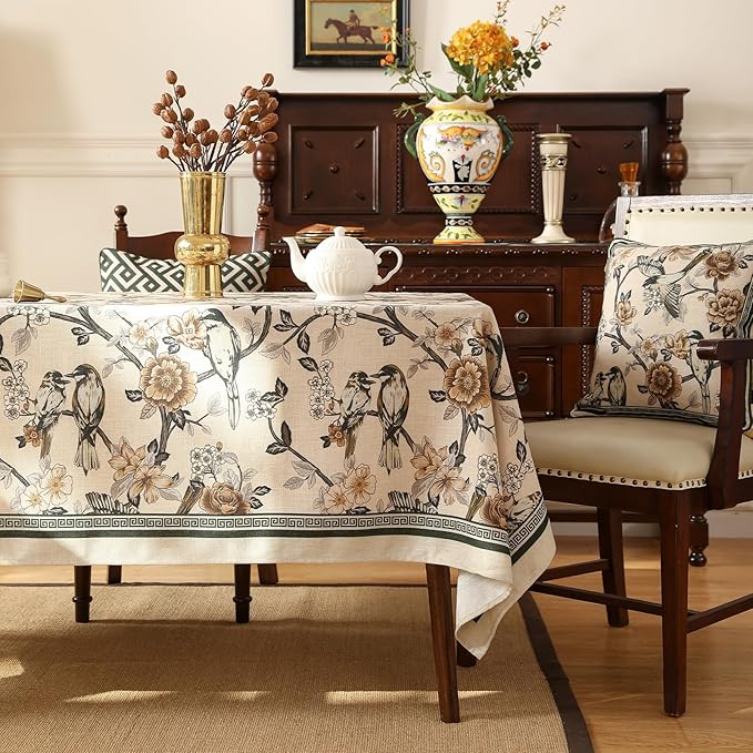 ISAENNE Designer Vintage Linen Long Rectangle Tablecloth,Floral and Bird Pattern Elegant Table Cloth,Fall Wrinkle Resistant Decor Tablecloths for Dining Kitchen Christmas,63"*102"-Murad A
