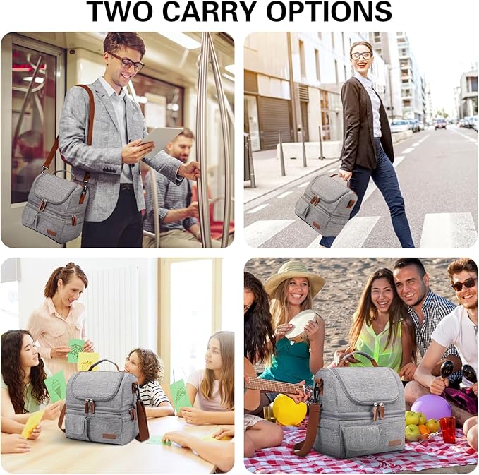 LOKASS Lunch Box for Women-Double Deck Insulated Adults Lunch Bag with Removable Shoulder Strap- Cute Wide Open Lunch Tote for Work/Office/Picnic/Beach/Travel (Gray)