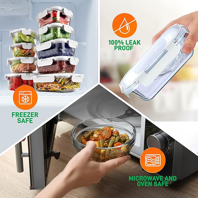 NutriChef Glass Food Storage Containers with Lids - 12 Piece Stackable Heavy Duty Meal Prep Containers - Mixed Sizes for Food, Snacks, Fruit & More - Microwave, Freezer, & Dishwasher Safe (White)