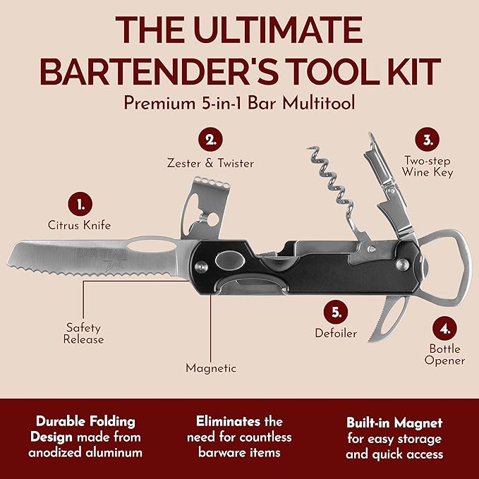 Bartender's All-in-One Bar Tool Set: Corkscrew, Zester, Citrus Knife and Bottle Opener Kit with Magnet for Picnics, Tailgating, BBQs, Camping, Travel, Beach Parties and Bartending, Blue