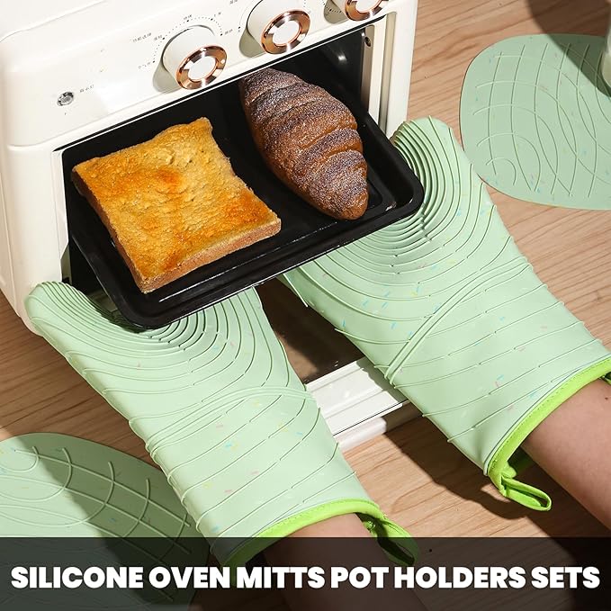 4 Pieces Oven Mitts and Pot Holders of Macaron Color Thickened Non-Slip Silicone Kitchen Gloves, Heat Resistant up to 500F, Essential for Kitchen Baking(makal-lv)