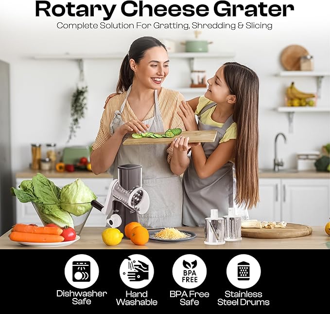 Rotary Cheese Grater Hand Crank - Cheese Shredder Hand Crank with Handle, Vegetable Shredder with 3 Stainless Steel Blades & Strong Suction Base – Round Slicer & Food Chopper for Kitchen