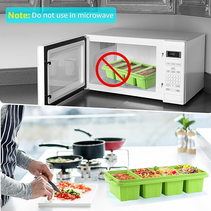 Silicone Freezer Tray With Lid - Silicone Freezer Food Molds- Large Ice Cube Tray,Silicone Freezer Container,Freeze & Store Soup, Sauce, Broth,Leftovers - Makes 4 Perfect 1 Cup