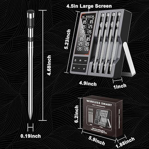 Wireless Meat Thermometer with Smart Timer & APP Alerts, 800ft Bluetooth Grill Food Thermometer, 4 X 0.19In Ultra Thin Probes, ±0.5℉ Accuracy, Big Digital Backlit Screen, for BBQ, Oven, Smoker