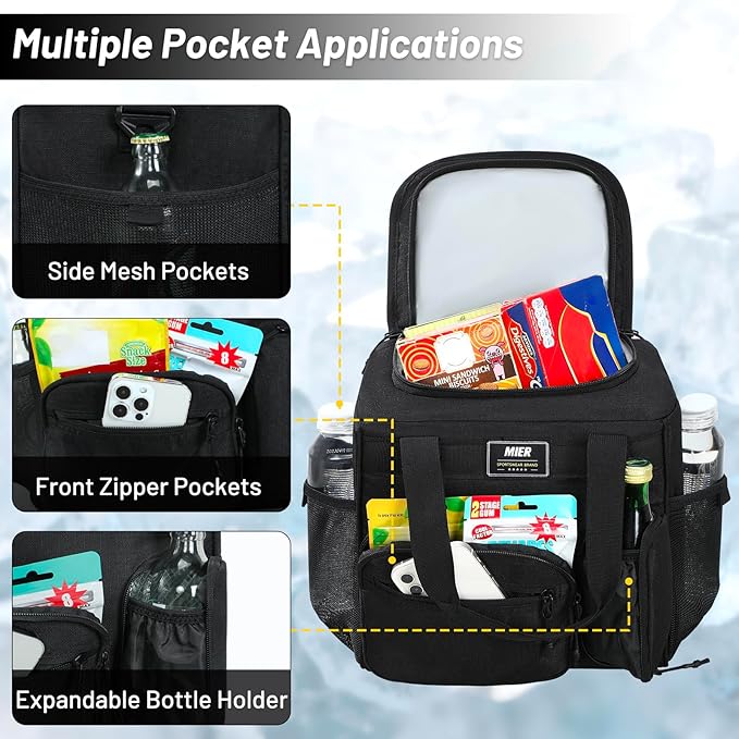 MIER Large Lunch Box for Men Women Adult Insulated Soft Sided Cooler 24 Can Leakproof Lunch Bag Collapsible for Work Travel Camping Beach, 15L (Black-No Luggage Strap)