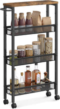 VASAGLE Slim Rolling Cart, 4-Tier Narrow Storage Cart with Handle, 5.1 Inches Deep, Metal Frame, for Kitchen, Dining Room, Living Room, Home Office, Rustic Brown and Classic Black ULRC032B01V1