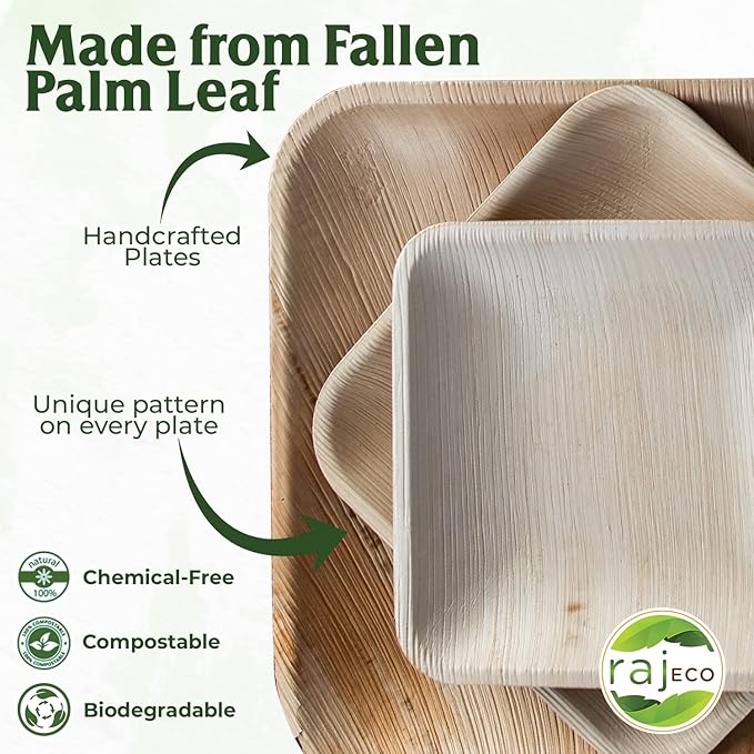 Raj Palm Leaf Plates Plates like Bamboo plates Disposable, Decorative Compostable Tableware for wedding, Lunch, Dinner, Birthday, Camping, Outdoor BBQ, Picnic (9.5"x50 7"x50 (100 Pack))
