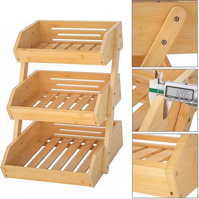 Large 3 Tier Bamboo Fruit Basket Stand for Kitchen Countertop – Fruit Holder – Suitable for Bread, Vegetables, Produce, Home Storage and Display