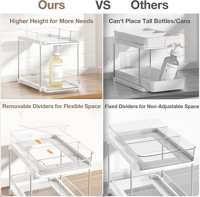Delamu 2-Tier Multi-Purpose Bathroom Under Sink Organizers and Storage, Stackable Kitchen Pantry Organization, Pull Out Medicine Cabinet Organizer with Movable Dividers, Pure White, 1 Pack