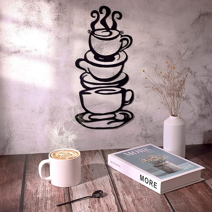 Coffee Cup Metal Wall Art, Farmhouse Kitchen Restaurant Decor Coffee Bar Sign, Black