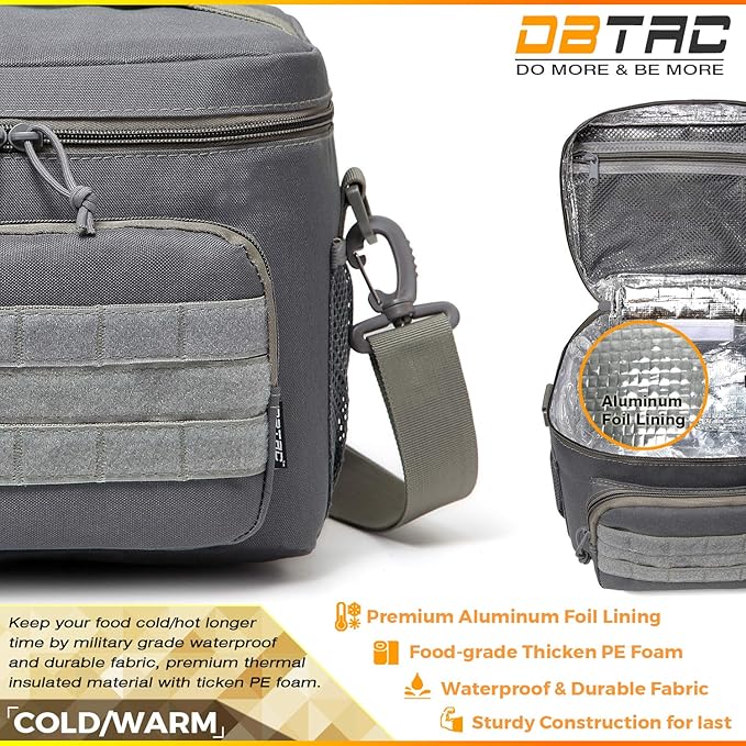 DBTAC Tactical Lunch Bag for Men Women, 12 Cans Insulated Lunch Box for Adult | 9L Leakproof Lunch Cooler Tote for Work Office Outdoor Travel | Soft Easy To Clean Liner x2, Grey