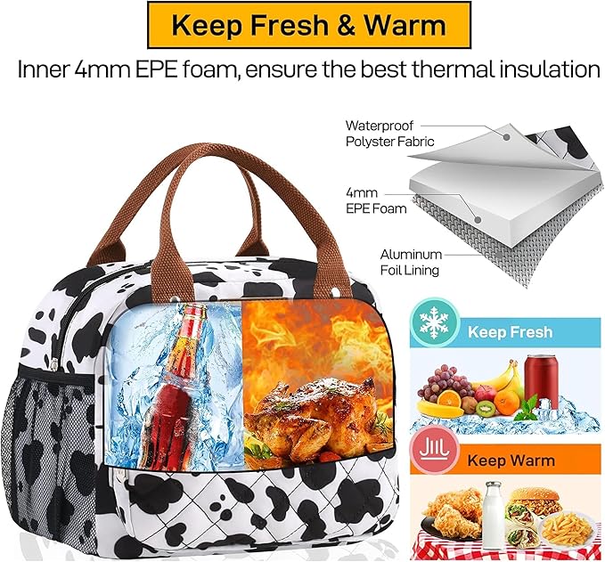 HOMESPON Buringer Lunch Bag for Woman Man Adults with Front Pocket Insulated Lunch Tote Lunch Box Container for Work Picnic or Travel (Cow Side Pockets)
