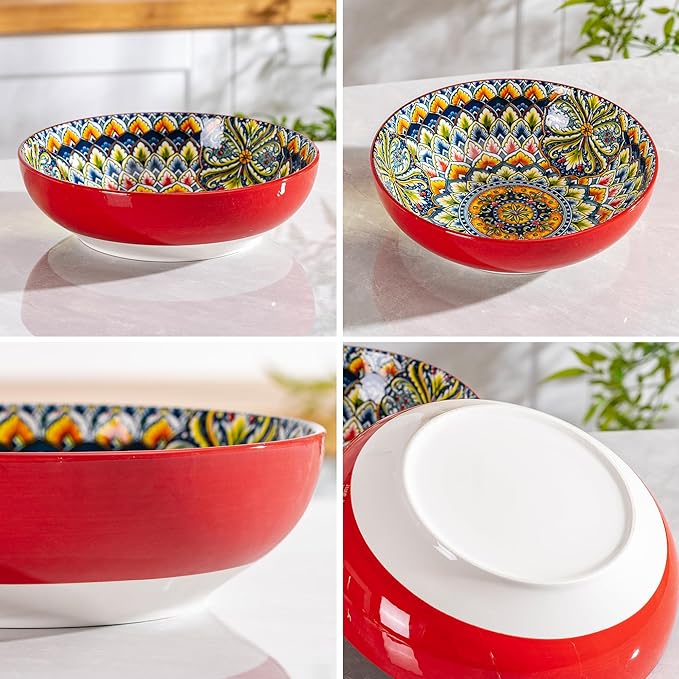 Red Large Serving Bowls Set of 2, Bohemian Style 10" Large Ceramic Bowls for Entertaining and Party, Bowls for Pasta Soup Fruit Ramen Cereal, Dishwasher Oven Safe