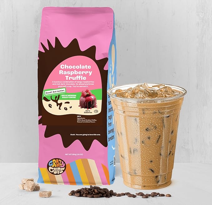 Crazy Cups Flavored Ground Decaf Chocolate Coffee, Decaffeinated Chocolate Raspberry Coffee in 10 oz Bag, For Brewing Flavored Hot or Iced (Pack of 2)