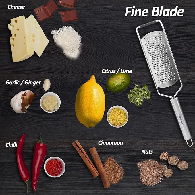 Vovoly 4-Pcs Pro Set Zester Grater Set, Cheese Grater with Razor-Sharp Stainless Steel Blade, Fine/Coarse/Extra Coarse/Slider Attachment