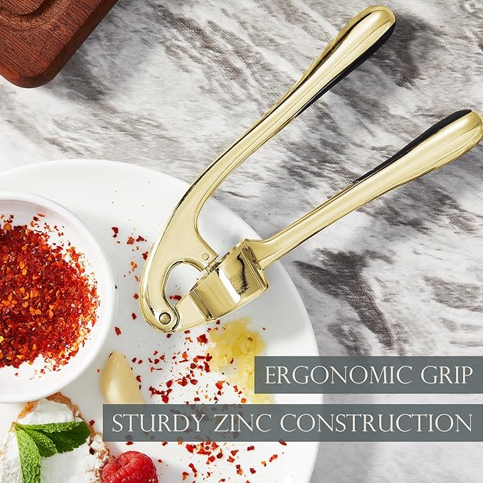 Kitessensu High Effective Garlic Press With Studs, Heavy Duty Garlic Mincer, Easy to Squeeze and Clean, Rust Proof & Dishwasher Safe, Ginger Crusher - Golden