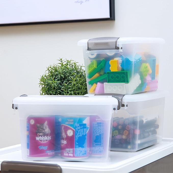 Citylife 6 Packs 6 QT Storage Bins with Lids Clear Plastic Bins with Grey Handle Stackable Storage Containers for Organizing