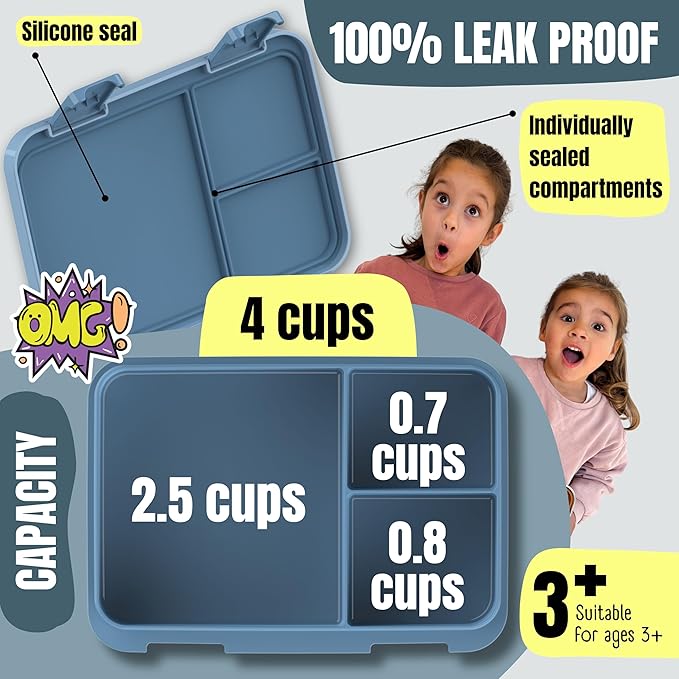 BEARFOOT Kids Lunch Box with Compartments – Compact & Lightweight | Leak-Proof, BPA-Free, Dishwasher & Microwave Safe | Hand-Drawn Design for Preschool, School, Travel (Blue, 4 Cups)