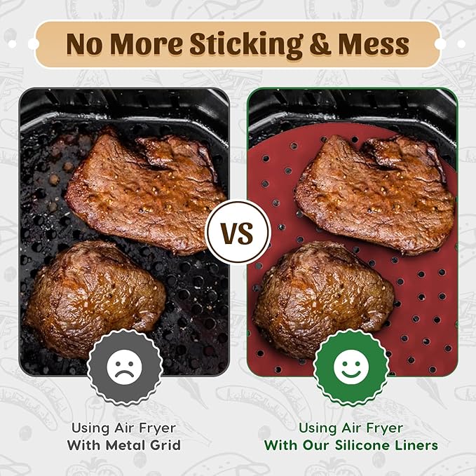 Reusable Round Silicone Air Fryer Liners (9 Inch, 3 Pack) by Linda’s Essentials - Non-Stick, Easy-Clean Accessories with Cheat Sheet & Recipe Book, Perfect for Quick Meals