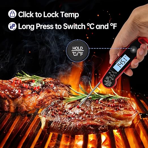 Lonicera Digital Meat Thermometer for Food Cooking. Instant Read Within 1 Sec and ±0.9℉Accuracy with Thermocouple Sensor. IP67 Waterproof, Auto-Rotating Display, Auto Wake up (Red)