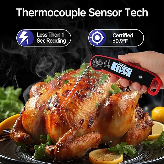 Lonicera Digital Meat Thermometer for Food Cooking. Instant Read Within 1 Sec and ±0.9℉Accuracy with Thermocouple Sensor. IP67 Waterproof, Auto-Rotating Display, Auto Wake up (Red)