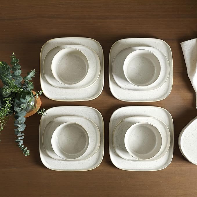 Stone Lain Cairo 24-Piece Dinnerware Set Stoneware, Plates and Bowls Set, Microwave and Dishwasher Safe, Includes Dinner and Salad Plates, Cereal Bowls, Dish for 8, White Speckled