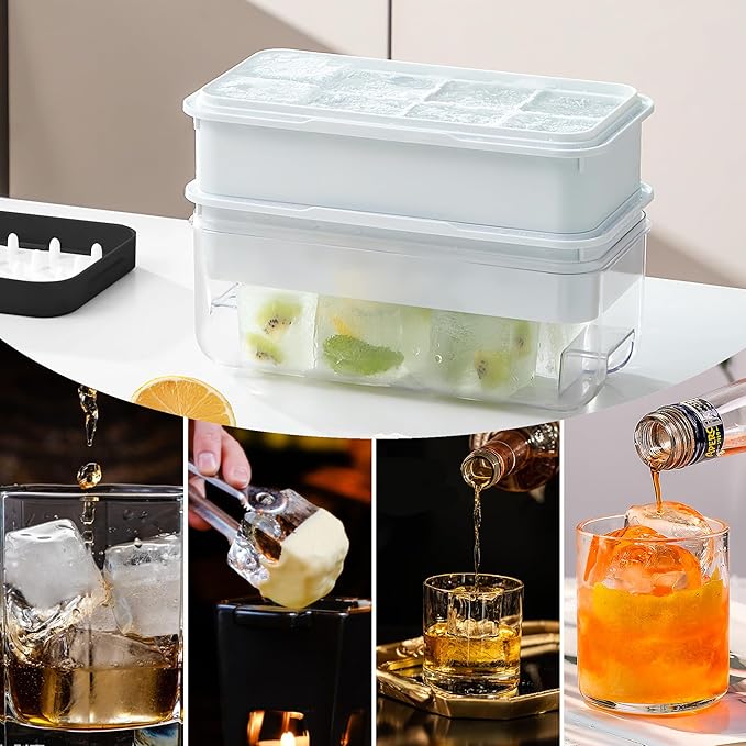 Large Ice Cube Tray, Easy Release Press Ice Cube Moulds with Lid, No Overflow Silicone Moulds with Stackable Lid, Perfect for Cocktails & Party Drinks, for 16 Large Ice Cubes(5cmx5cmx4.5cm), Black