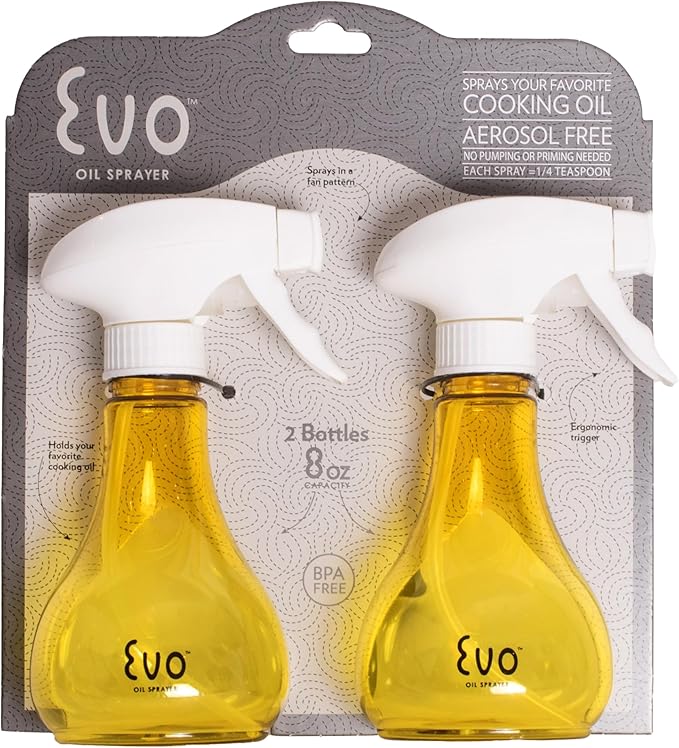 Evo Oil Sprayer Bottle, Non-Aerosol for Olive Oil and Cooking Oils, 8-ounce Capacity, Set of 2