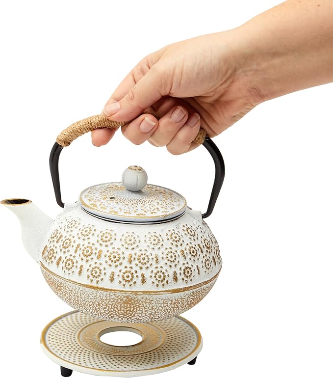 Juvale Stovetop Cast Iron Tea Kettle with Infuser - Superior Heat Retention Loose Leaf Tea Pot - Built-In Teapot with Strainer - Includes Trivet & Infuser Kettle - White, 27 Oz (800 ml)