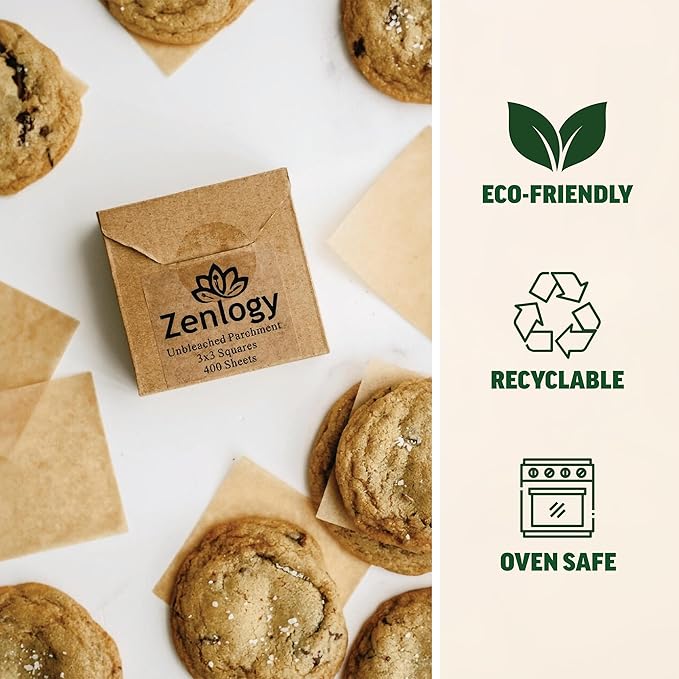 Zenlogy 3x3 Small Parchment Paper Squares (400 sheets) - Unbleached, Non-stick, Pre-cut Mini Parchment Paper - For Diamond Painting, Freezing, Storing, Separating, Flower Piping and Lining
